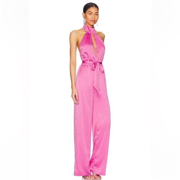 NWT More To Come Janece Keyhole Jumpsuit in Pink halter wide leg toe Revolve XL - Picture 2 of 13